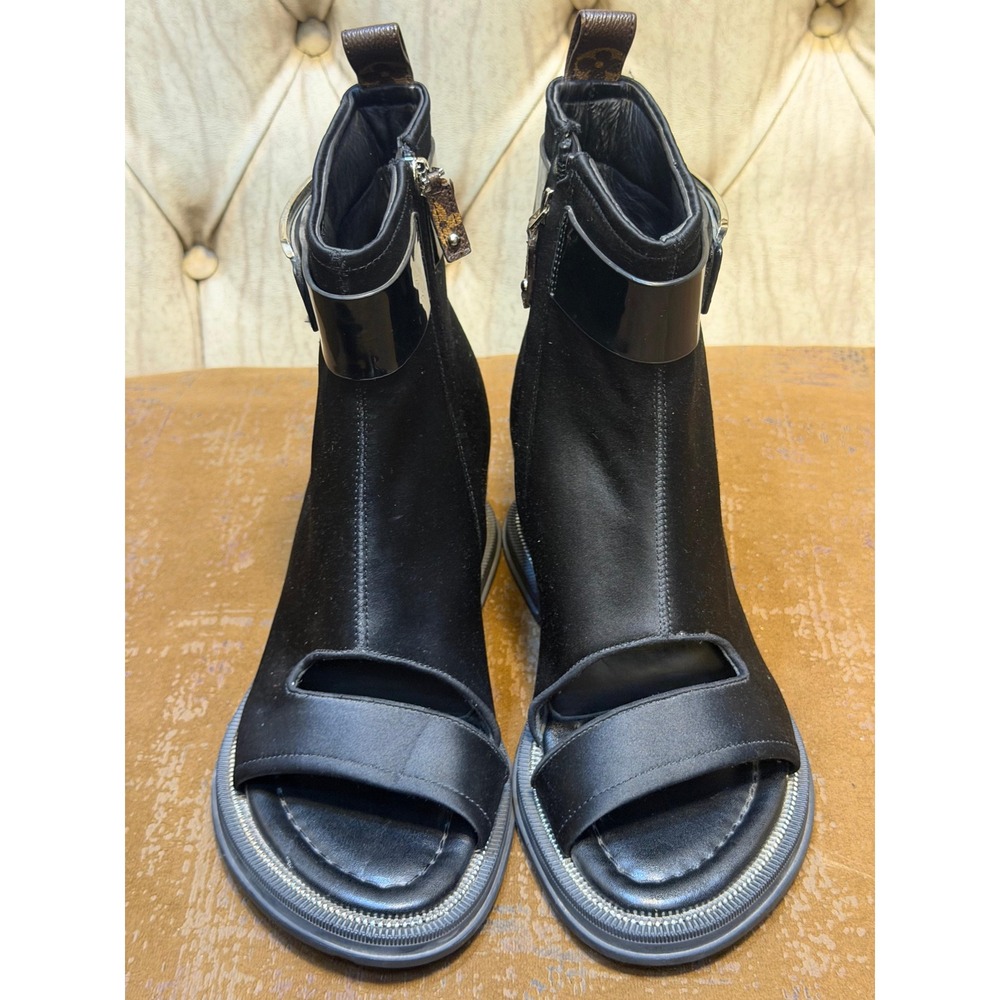 Louis Vuitton Black Leather Open Toe Ankle Boot Buckle Strap Monogram Tab 38